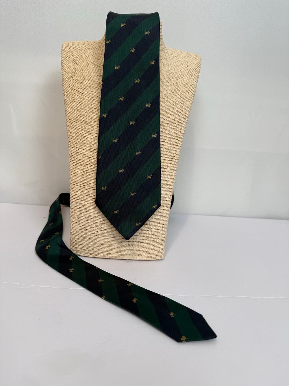Vintage Alain Figaret Paris Silk Tie Made France Navy Green Stripe Scottie Dog